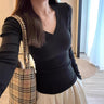 Womens Solid-color Waist-cinching V-neck Long-sleeve Top